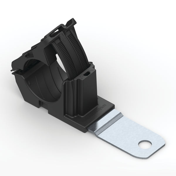 Hellermann Tyton 151-01477 Ratchet P-Clamp, 0.76 - 1.42" Bundle Dia, 180° Med, 0.33" Hole Dia, PA66HIRHSUV/ST/ZN, Black, 140/ctn
