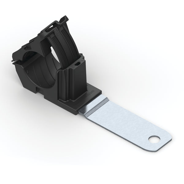 Hellermann Tyton 151-01480 Ratchet P-Clamp, 0.76 - 1.42" Bundle Dia, 180° Long, 0.33" Hole Dia, PA66HIRHSUV/ST/ZN, Black, 140/ctn