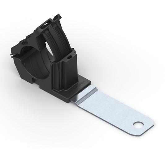 Hellermann Tyton 151-01480 Ratchet P-Clamp, 0.76 - 1.42" Bundle Dia, 180° Long, 0.33" Hole Dia, PA66HIRHSUV/ST/ZN, Black, 140/ctn