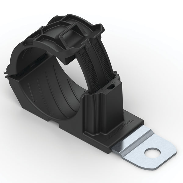 Hellermann Tyton 151-01499 Ratchet P-Clamp, 1.38 - 2.01" Bundle Dia, 180° Short, 0.33" Hole Dia, PA66HIRHSUV/ST/ZN, Black, 160/ctn