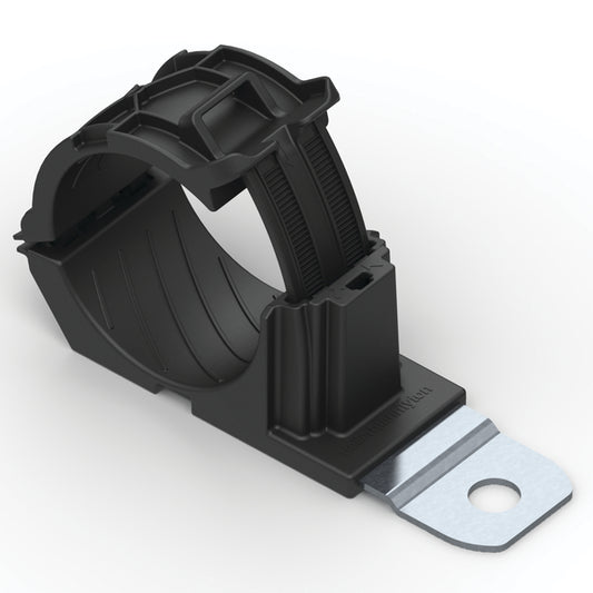 Hellermann Tyton 151-01499 Ratchet P-Clamp, 1.38 - 2.01" Bundle Dia, 180° Short, 0.33" Hole Dia, PA66HIRHSUV/ST/ZN, Black, 160/ctn