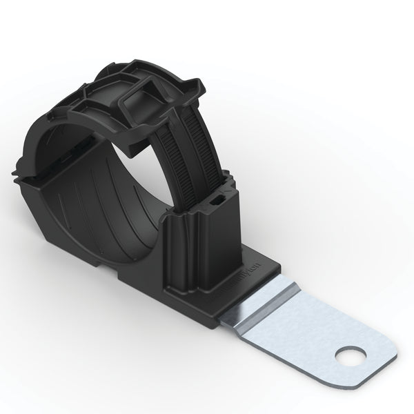 Hellermann Tyton 151-02013 Ratchet P-Clamp, 1.38 - 2.01" Bundle Dia, 180° Med, 0.33" Hole Dia, PA66HIRHSUV/SS304, Black, 140/ctn