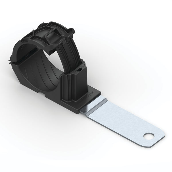 Hellermann Tyton 151-03007 Ratchet P-Clamp, 1.38 - 2.01" Bundle Dia, 180° Long, 0.41" Hole Dia, PA666V0/SS304, Black, 140/ctn