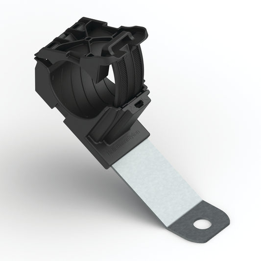 Hellermann Tyton 151-01995 Ratchet P-Clamp, 0.76 - 1.42" Bundle Dia, 30° Long, 0.26" Hole Dia, PA66HIRHSUV/SS304, Black, 140/ctn