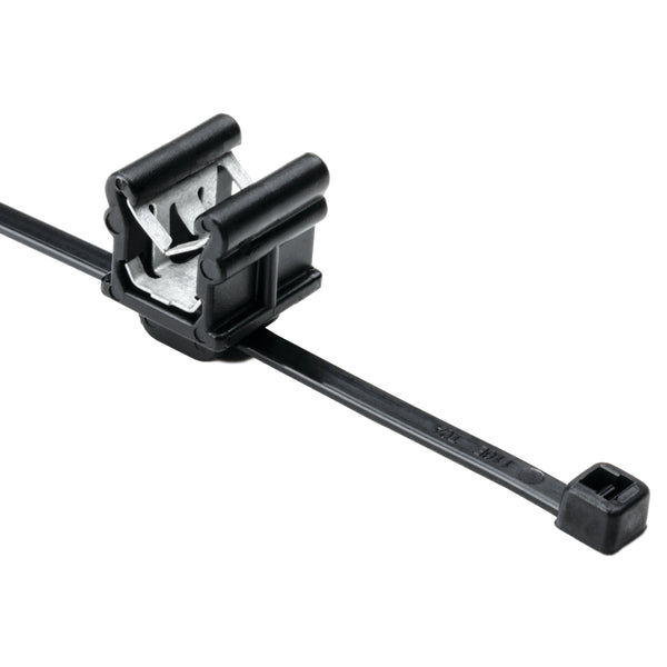 Hellermann Tyton 156-00799 2-Piece Cable Tie with Edge Clip, 5.8" Long, EC20, 3 - 6mm Panel, 30lb, PA66HS/PA66HIRHS, Black, 500/pkg