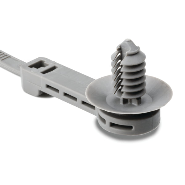 Hellermann Tyton 157-00119 1-Piece Cable Tie with Offset Fir Tree with Disc, 25 mm Offset, 9.1"L, 6.1 - 7.0 mm or 6.35 mm (hexagonal) Hole, PA66HIRHS, Gray, 3000/ctn