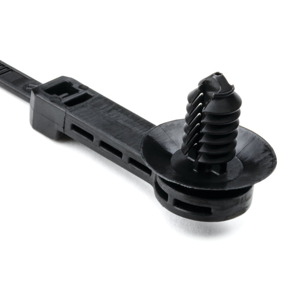 Hellermann Tyton 157-00426 1-Piece Cable Tie with Offset Fir Tree with Disc, 25mm Offset, 9.2"L, 0.24 - 0.28 " or 0.25 " (hexagonal) Hole, PA66HIRHSUV, Black, 100/pkg