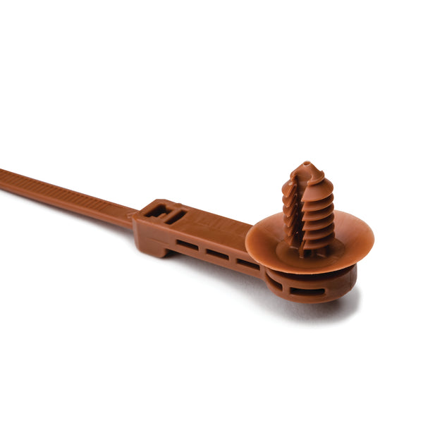 Hellermann Tyton 157-00158 1-Piece Cable Tie with Offset Fir Tree with Disc, 25 mm Offset, 9.1"L, 6.1 - 6.9 mm or 6.35 mm (hexagonal)Hole, PA46, Brown, 500/bg