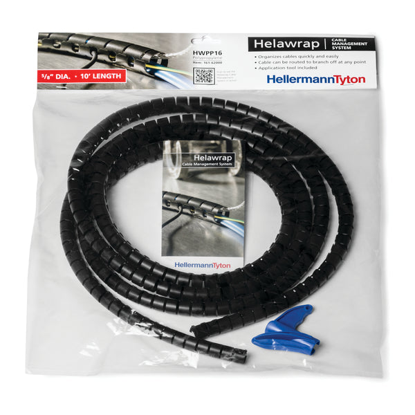 Hellermann Tyton 161-62000 Helawrap, HWPP16, Convenience Pack, 5/8" (16mm) Dia, PP, Black, 10ft/pkg