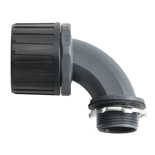 Hellermann Tyton 166-90870 HelaGuard® Non-Metallic Ultra IP68 Fitting, 90-Degree Elbow, 0.75" NPT Thread, 0.75" Dia., PA66, Black, 50/Box