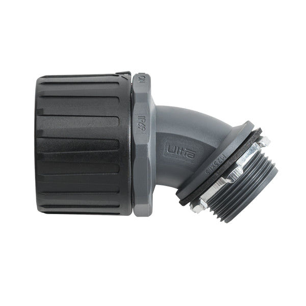 Hellermann Tyton 166-90866 HelaGuard® Non-Metallic Ultra IP68 Fitting, 45-Degree Elbow, 0.75" NPT Thread, 0.75" Dia., PA66, Black, 50/Box