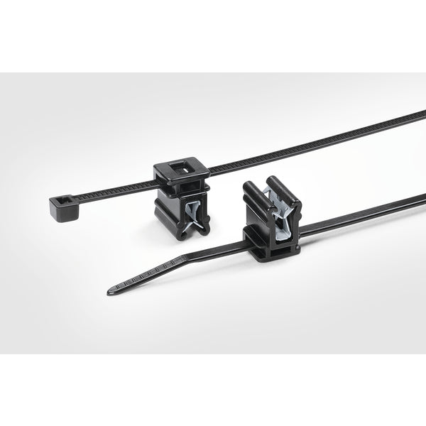 Hellermann Tyton 156-00813 2-Piece Cable Tie with Edge Clip, 6.0" Long, EC4A, 1 - 3 mm Panel, 30lb, PA66HS, Black, 500/pkg