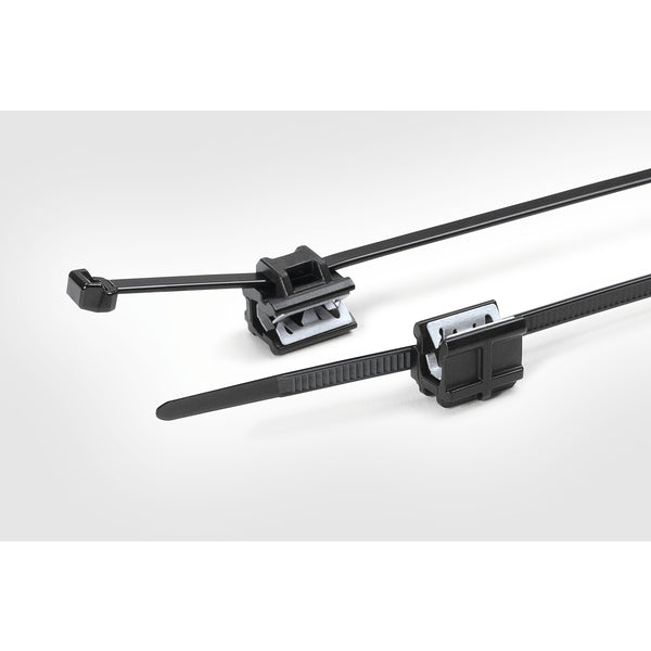 Hellermann Tyton 156-01546 2-Piece Cable Tie with Edge Clip, 5.7"L, 0.5 - 2.5 mm Panel, Perpendicular, 30lb, PA66HS/PA66HIRHS, BK, 500/pkg
