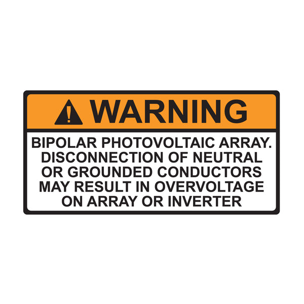Hellermann Tyton 596-00590 Solar Label, WARNING BIPOLAR PV ARRAY, 3.75" x 2.0", VL, Orange/White, 50/roll