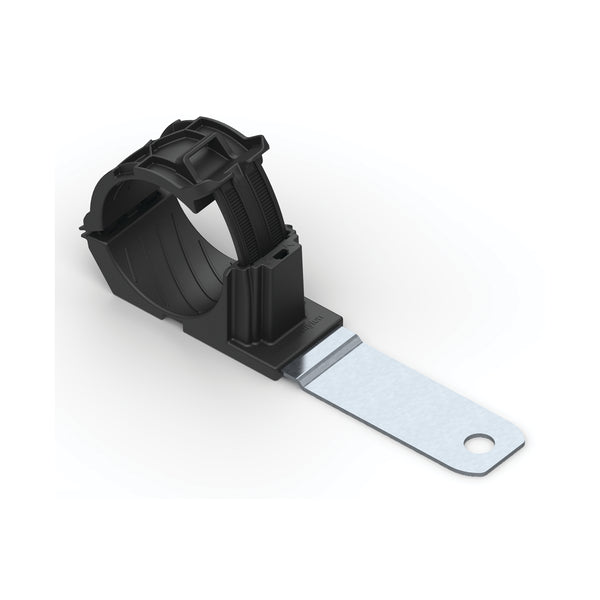 Hellermann Tyton 151-01663 Ratchet P-Clamp, 1.38 - 2.01" Bundle Dia, 180° Long, 0.26" Hole Dia, PA66HIRHSUV/ST/ZN, Black, 140/ctn