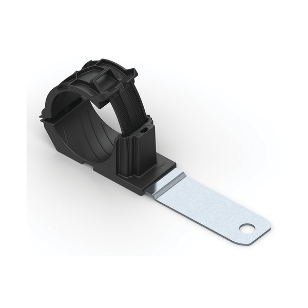 Hellermann Tyton 151-01506 Ratchet P-Clamp, 1.38 - 2.01" Bundle Dia, 180° Long, 0.33" Hole Dia, PA66HIRHSUV/ST/ZN, Black, 140/ctn