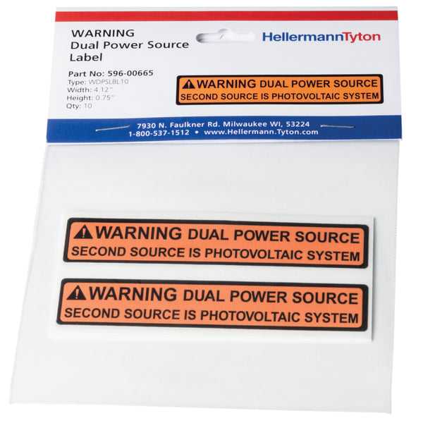 Hellermann Tyton 596-00231 Solar Label, WARNING DUAL POWER SOURCE…SYSTEM, 4.125" x .75", VL, Red, 50/roll