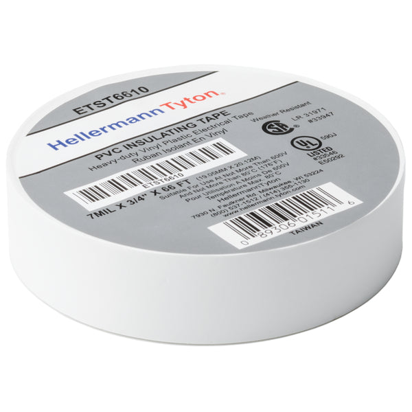 Hellermann Tyton ETST6610 Electrical Tape, 0.75" x 66' Roll, 7.0 mil Thick, PVC, White, 10 rolls/pkg