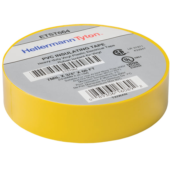 Hellermann Tyton ETST664 Electrical Tape, 0.75" x 66' Roll, 7.0 mil Thick, PVC, Yellow, 10 rolls/pkg