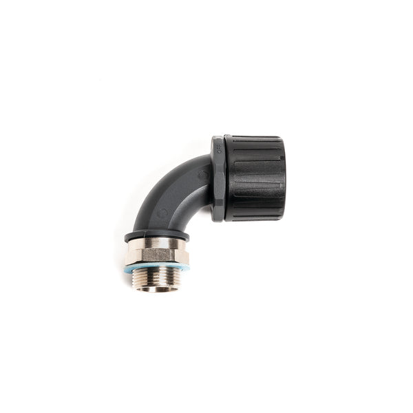 Hellermann Tyton 166-90825 HelaGuard® Non-Metallic 16mm IP68 Ultra Fitting, 90-Elbow Brass Swivel, Ext M20 Thread, NPB, PA66, Black, 10/pkg