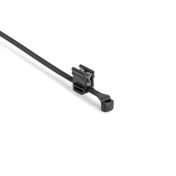 Hellermann Tyton 156-03946 2-Piece Low-Profile Cable Tie with EC4B Edge Clip, 7.7"L, 1 - 3mm Panel, 50lb, PA66HS/PA66HIRHSUV, Black, 500/bg