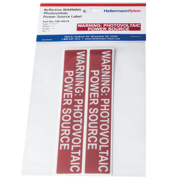 Hellermann Tyton 596-00678 Solar Label, Reflective, Warning Photovoltaic Power Source, 6.5" x 1.0", VL, Red, 10/pkg
