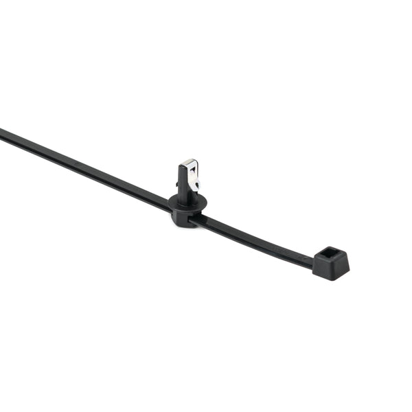 Hellermann Tyton 156-01807 Blind Hole Mount Outside Serrated Tie, 6"L, 1/4" Thread/Non-Thread Hole, 50lb, PA66HS, Black, 500/bag