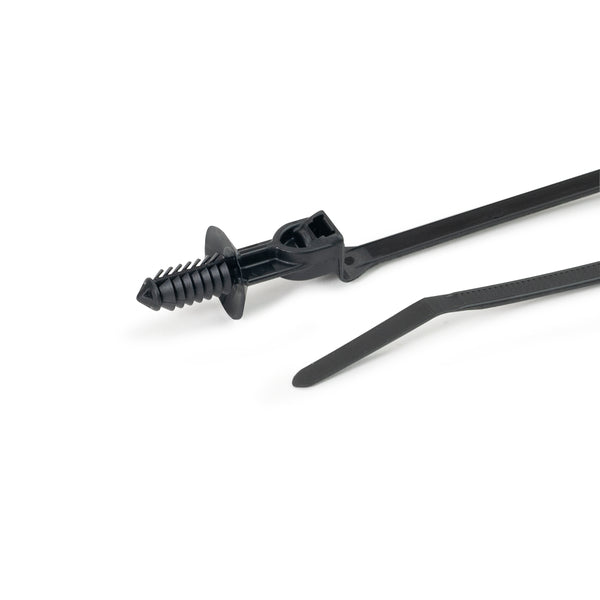 Hellermann Tyton 157-00216 1-Piece Cable Tie with Offset Fir Tree with Disc, 12.5 mm Offset, 9.2"L, 0.24 - 0.27" Hole, 50lb, PA66HIRHSUV, Black,1000/pkg