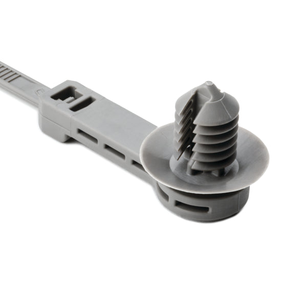 Hellermann Tyton 157-00120 1-Piece Cable Tie with Offset Fir Tree with Disc, 25 mm Offset, 9.1"L, 7.6 - 8.4 mm Hole, PA66HIRHS, Gray, 500/pkg