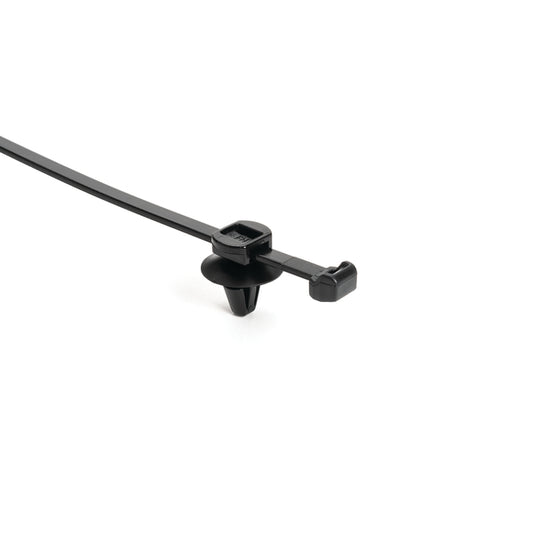 Hellermann Tyton 150-37791 2-Piece Cable Tie with Arrowhead Mount, 6.5mm hole dia., 0.6-8.25mm Panel Thickness, PA66HIRHS, Black, 500/bg