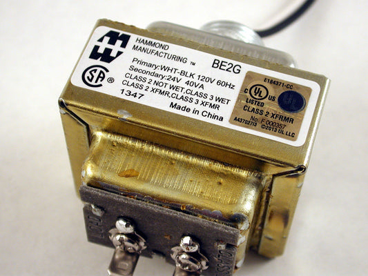 Hammond BE2G Class 2 Transformer with Locknut 24V@1.67A 40VA, Wire Lead Input, Screw Terminal / QC Output