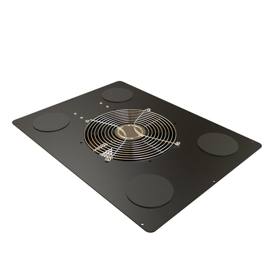 Hammond C2T1923F10CEBK1 Pre-Wired 10" Fan Top Panel with Cable Entry Grommets, 550 CFM, 60 dB for C2/C2RR/C4 Rack Cabinets, 19" x 23", 14 Gauge Steel, RAL9005 Black.