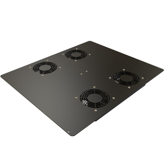 Hammond C2T1931F4TBK1 Pre-Wired 4-Fan Top Panel with Thermostat, 400 CFM, 64 dB for C2/C2RR/C4 Rack Cabinets, 19" x 31", 14 Gauge Steel, RAL9005 Black.