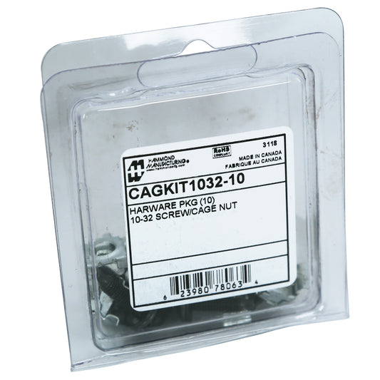 Hammond CAGKIT1032-10 Mounting Screw and Cage Nut Combo-Pack, 10 10-32 Black 0.75" Rack Screws with Nylon Washers and 10 Zinc-Plated Cage Nuts for 0.375".