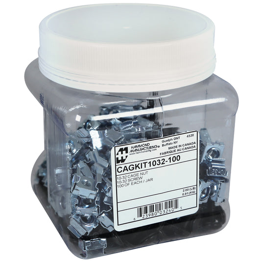 Hammond CAGKIT1032-100 Mounting Screw and Cage Nut Combo-Pack, 100 10-32 Black 0.75" Rack Screws with Nylon Washers and 100 Zinc-Plated Cage Nuts for 0.375".