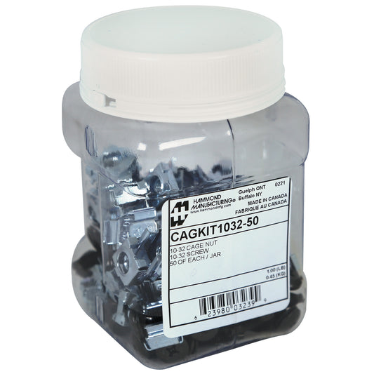 Hammond CAGKIT1032-50 Mounting Screw and Cage Nut Combo-Pack, 50 10-32 Black 0.75" Rack Screws with Nylon Washers and 50 Zinc-Plated Cage Nuts for 0.375".
