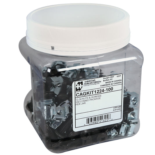 Hammond CAGKIT1224-100 Mounting Screw and Cage Nut Combo-Pack, 100 12-24 Black 0.75" Rack Screws with Nylon Washers and 100 Zinc-Plated Cage Nuts for 0.375".