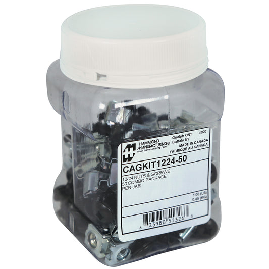 Hammond CAGKIT1224-50 Mounting Screw and Cage Nut Combo-Pack, 50 12-24 Black 0.75" Rack Screws with Nylon Washers and 50 Zinc-Plated Cage Nuts for 0.375".