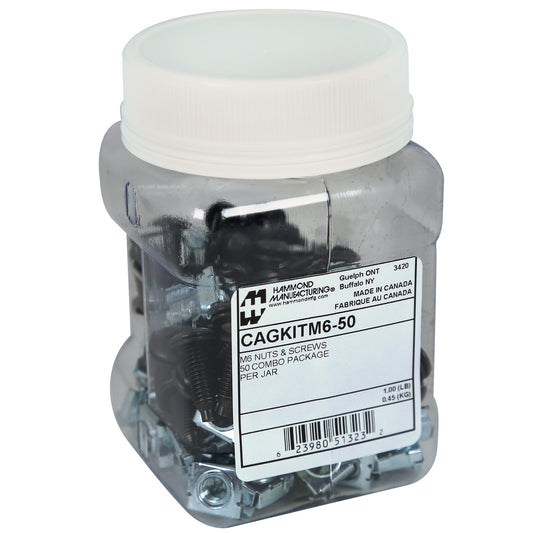 Hammond CAGKITM6-50 Mounting Screw and Cage Nut Combo-Pack, 50 M6 Black 0.75" Rack Screws with Nylon Washers and 50 Zinc-Plated Cage Nuts for 0.375".