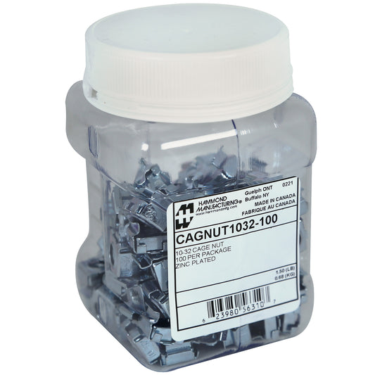 Hammond CAGNUT1032-100 10-32 Square-Hole Cage Nuts, Pack of 100, Zinc-Plated Heat-Treated Spring Steel for 0.375" Square-Hole Rack Rails, Resealable Plastic.