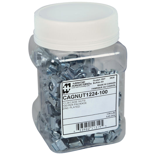 Hammond CAGNUT1224-100 12-24 Square-Hole Cage Nuts, Pack of 100, Zinc-Plated Heat-Treated Spring Steel for 0.375" Square-Hole Rack Rails, Resealable Plastic.