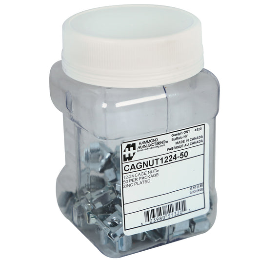 Hammond CAGNUT1224-50 12-24 Square-Hole Cage Nuts, Pack of 50, Zinc-Plated Heat-Treated Spring Steel for 0.375" Square-Hole Rack Rails, Resealable Plastic Jar.