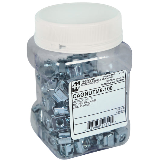Hammond CAGNUTM6-100 M6 Square-Hole Cage Nuts, Pack of 100, Zinc-Plated Heat-Treated Spring Steel for 0.375" Square-Hole Rack Rails, Resealable Plastic Jar.