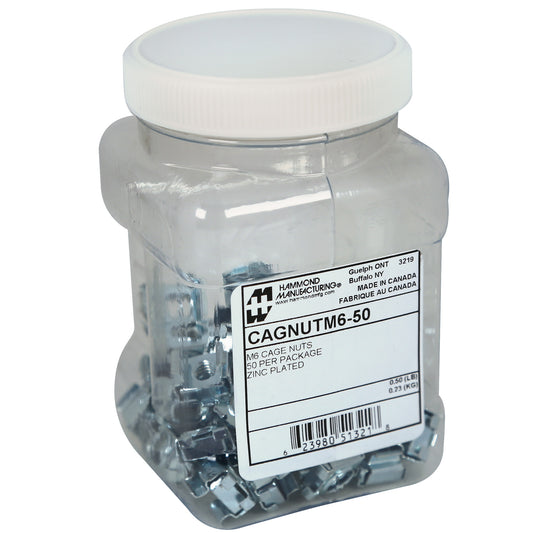 Hammond CAGNUTM6-50 M6 Square-Hole Cage Nuts, 50-Pack, Zinc-Plated Spring Steel, for 0.375" Rack Rail Holes.