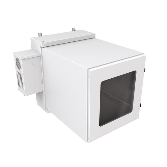 Hammond NWC12U2436WALG 12U Environmental Wall-Mount Cabinet, Type 12/IP56, Window Door, Air Conditioner Included, 31.77" H x 24.50" W x 36.22" D, Light Gray.