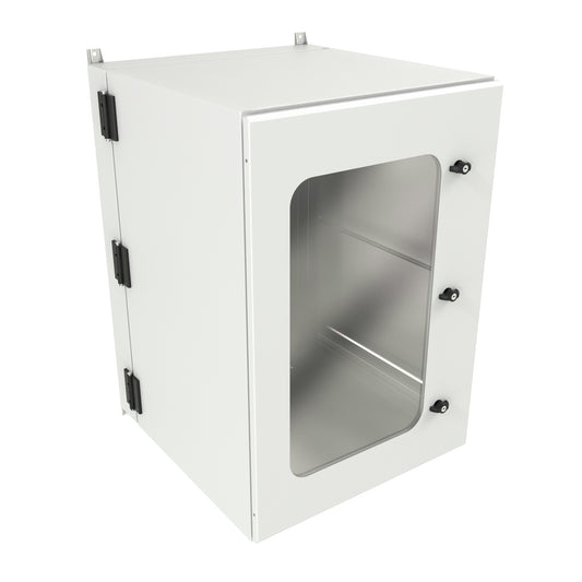 Hammond NWM18U2527WNLG 18U Outdoor Wall-Mount Cabinet, Type 3R/4, Window Door, No Climate Control, 38.95" H x 25.00" W x 28.49" D, Light Gray.