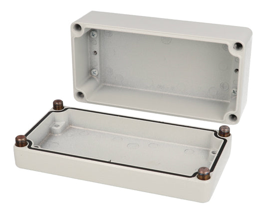 Hammond R100-084-035 Type 4X/IP66 Die-Cast Aluminum Enclosure, Shallow Lid/Deep Body, 80 x 160 x 60 mm, RAL 7035 Light Gray.