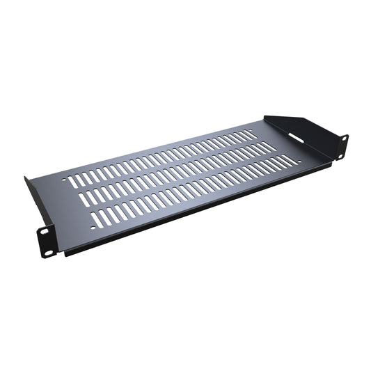 Hammond RASV190107DBK1 1U Vented Fixed Rack Shelf, 16-Gauge Steel, 1.75" H x 19.30" W x 7.00" D, 42 lb, Down-Folded Front/Rear Lips, Black.