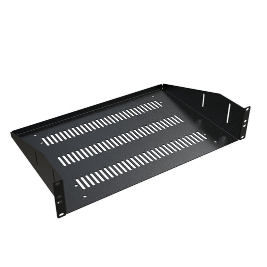 Hammond RASV190312BK1 2U Vented Fixed Rack Shelf, 14-Gauge Steel, 3.50" H x 19.30" W x 12.00" D, 100 lb, Black.