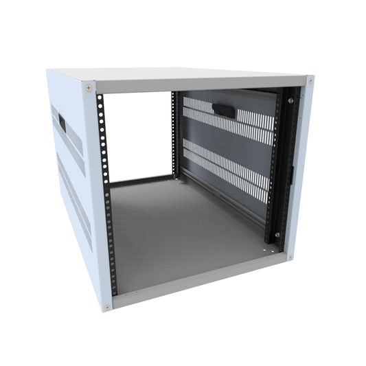 Hammond RCHV1901731LG1 10U Knock-Down Rack Cabinet with Vented Sides, 16-Gauge Steel, 800 lb, 19.50" H x 21.00" W x 31.50" D, Light Gray.